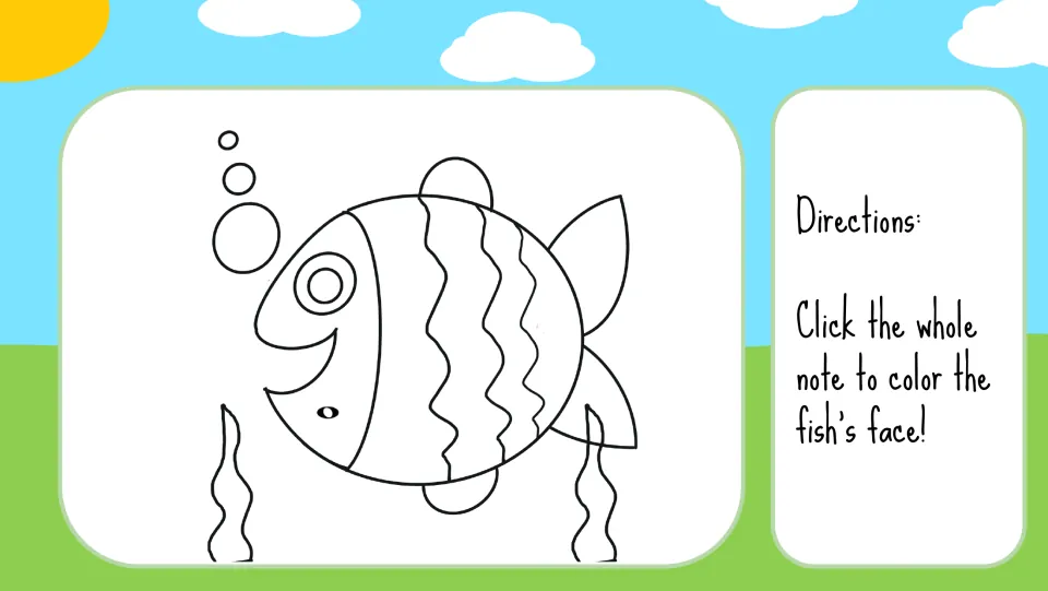 Fish coloring step: click the whole note to color the fish’s face; the whole note is shown on its cheek
