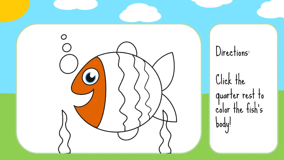 Fish coloring step: click the quarter rest to color the fish’s body; its face is already colored orange