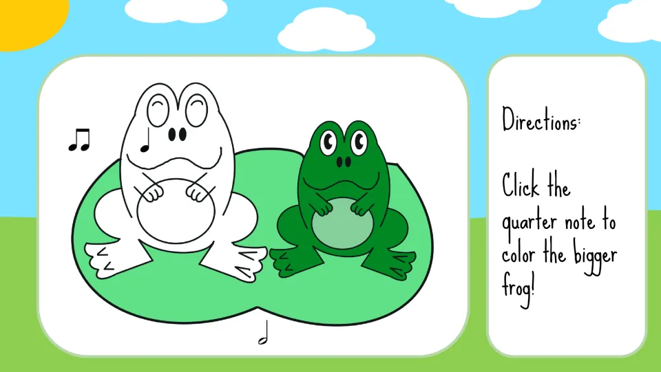 Frog coloring step: click the quarter note to color the bigger frog; the smaller frog is already green