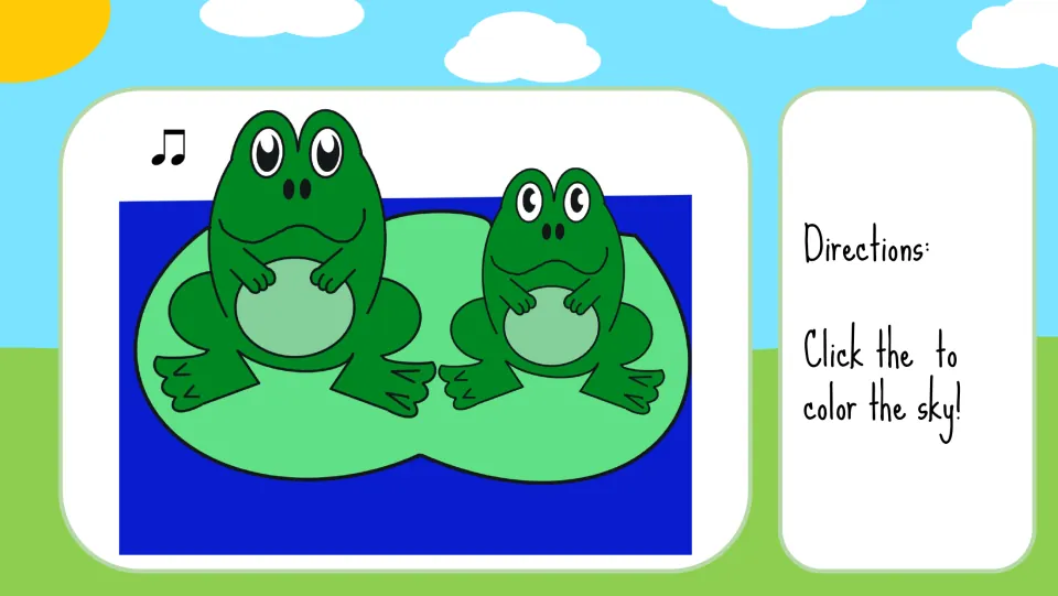 Frog coloring step for the sky shows paired eighth notes and blue water; the prompt omits the symbol name