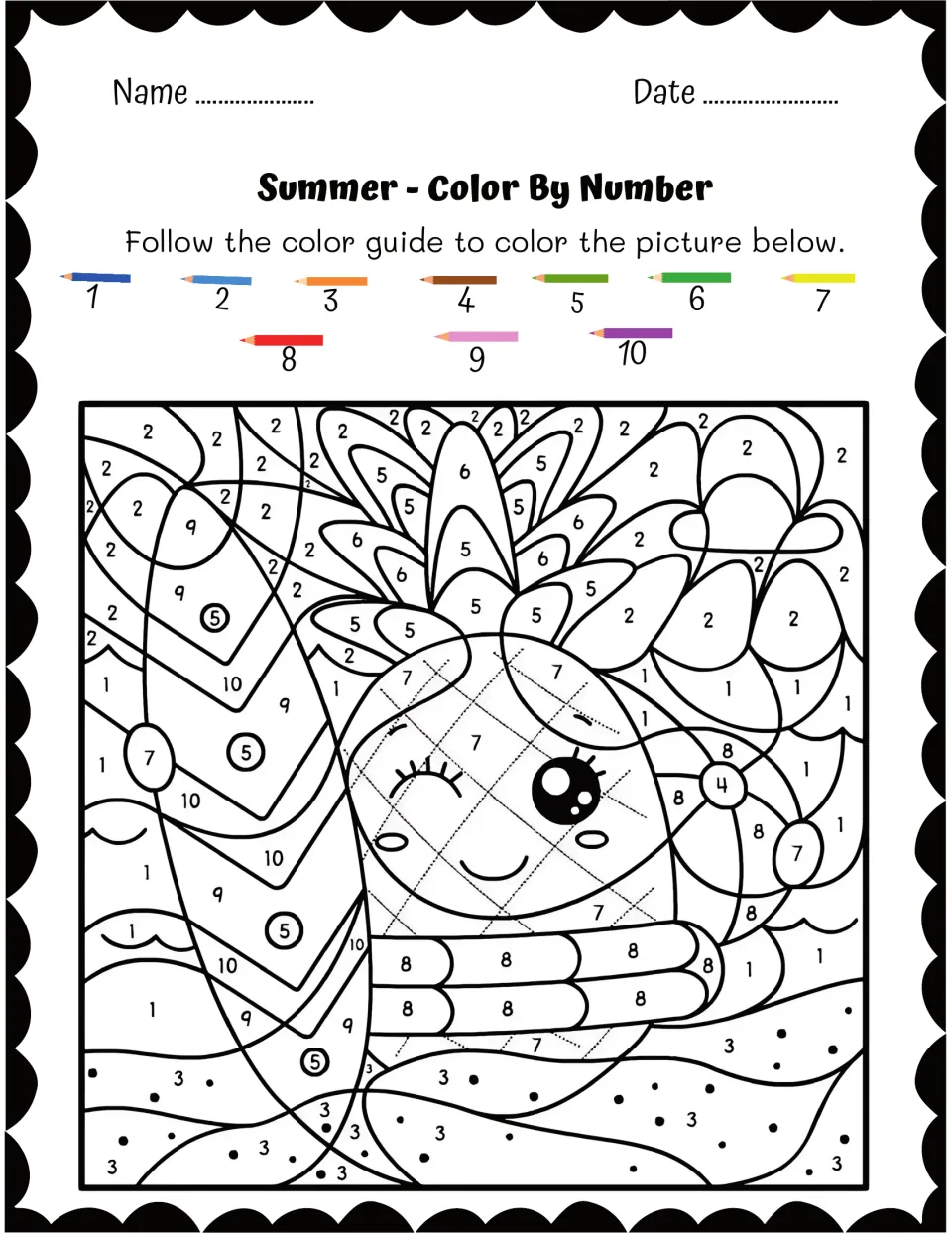 Summer color-by-number of a smiling pineapple and surfboard: students match numbers 1 to 10 to a pencil key