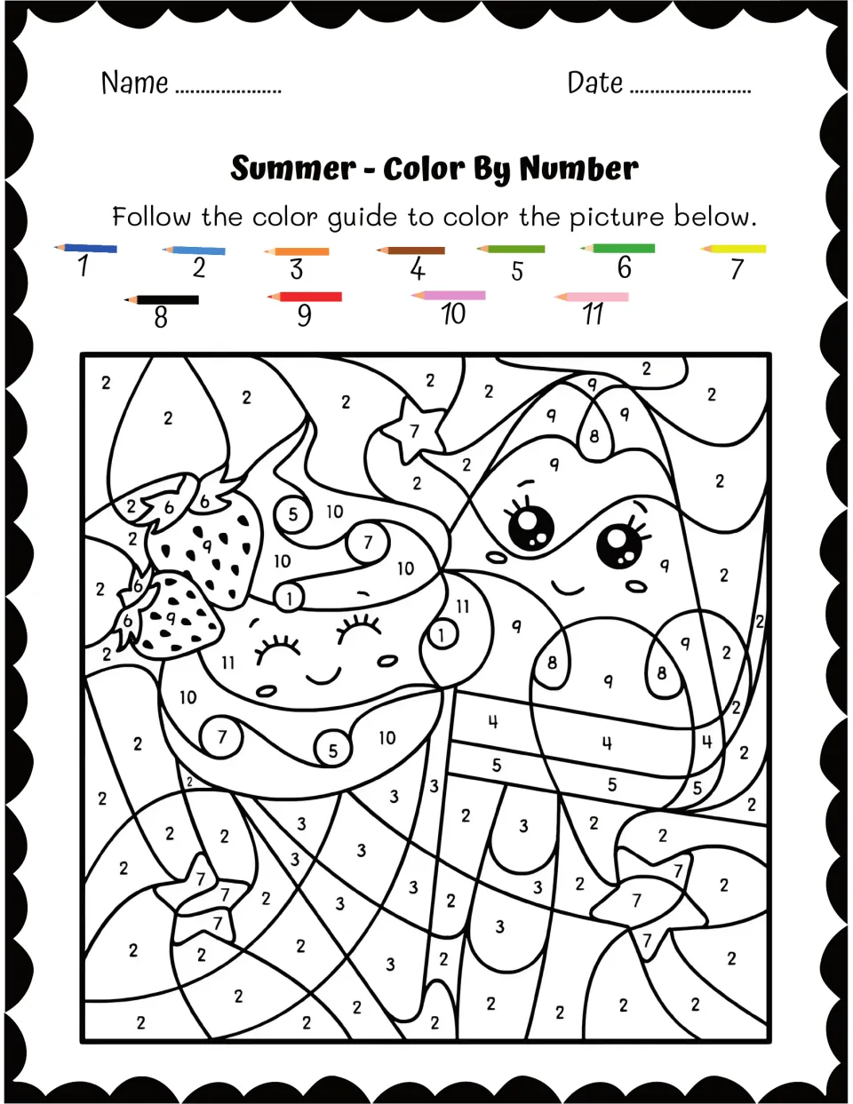 Ice cream cone and popsicle with strawberries: students use an 11-pencil number key to fill in each space