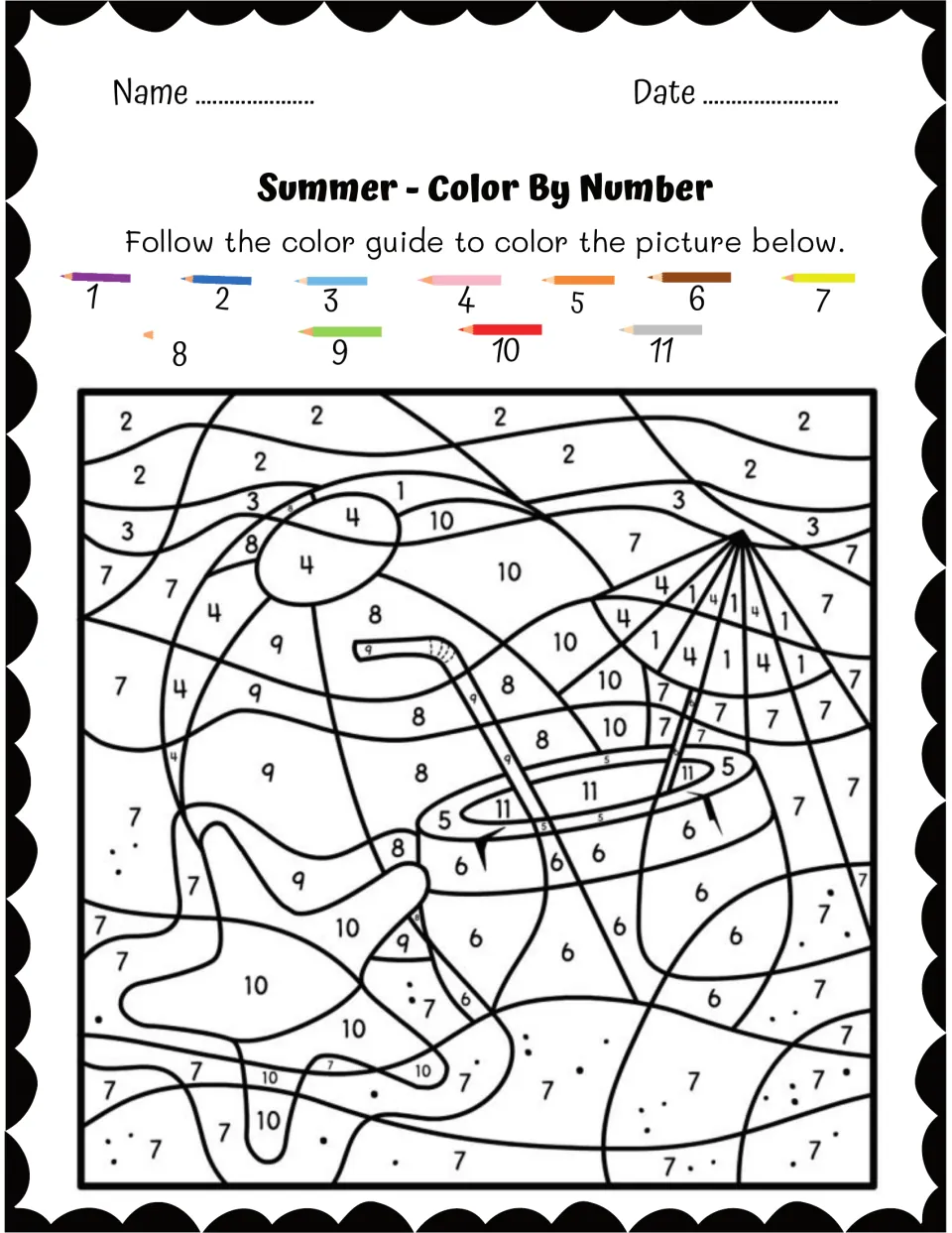 Beach scene with a coconut drink, umbrella and starfish: students shade each area using an 11-number key