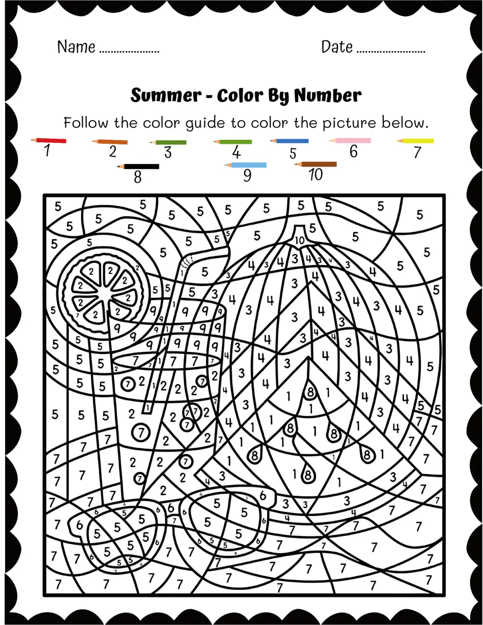 Drink with a straw, orange slice, watermelon and sunglasses: students read numbers 1 to 10 to pick each pencil shade