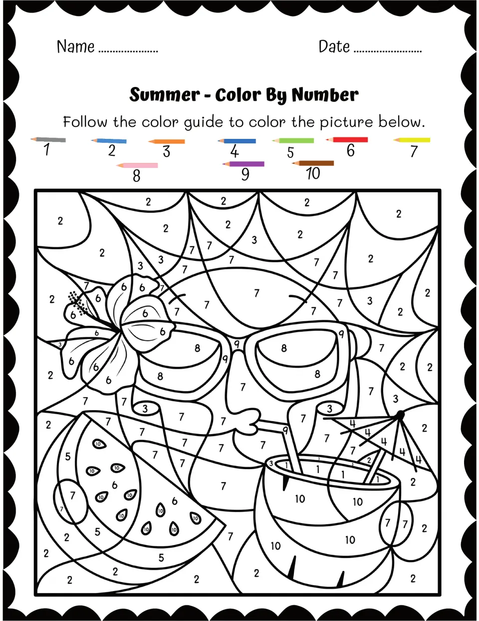 Sun wearing sunglasses with a hibiscus, watermelon and coconut drink: students follow a 10-number pencil guide