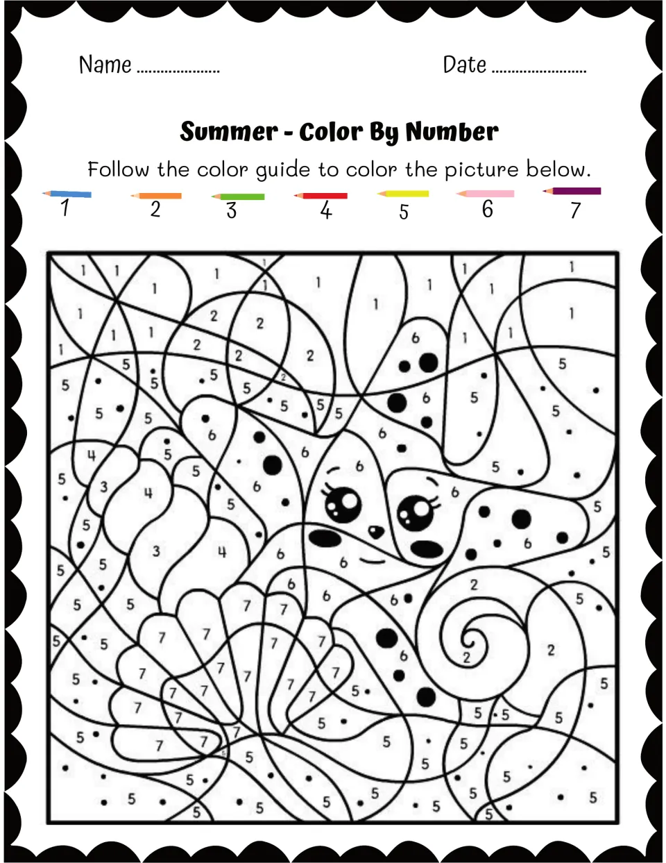 Smiling starfish, scallop shells and a spiral shell on sand: students fill each space from a 7-pencil guide