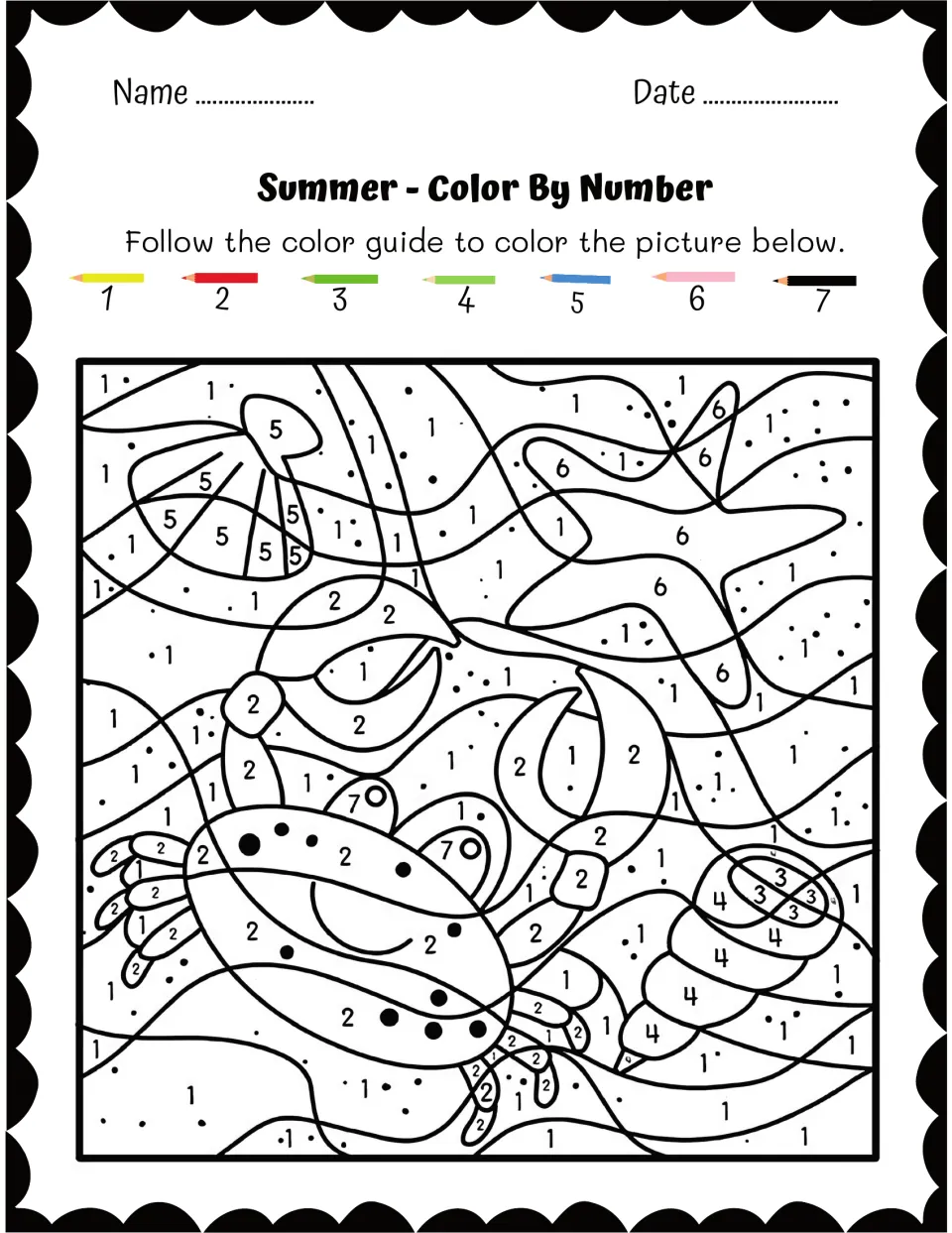 Smiling crab, starfish and seashells in the sand: students match numbers 1 to 7 to the pencil shades shown