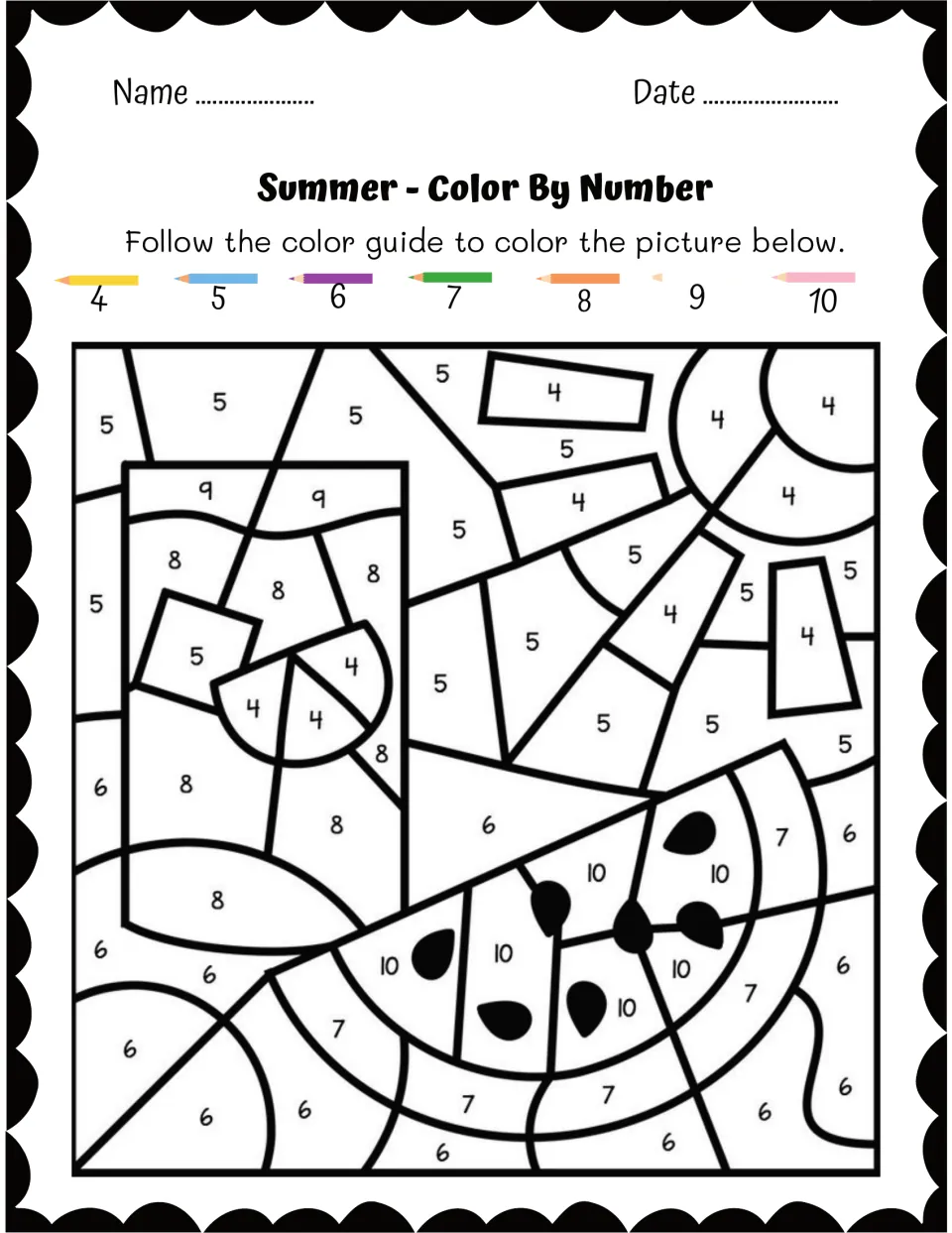Drink glass with a lemon slice, sun and watermelon slice: large spaces coded with numbers 4 to 10 to fill in