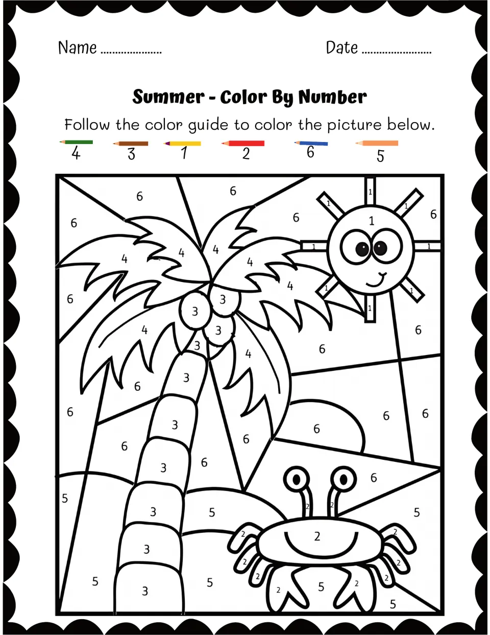 Palm tree, smiling sun and crab on the beach: students match six numbers, listed out of order, to pencil shades