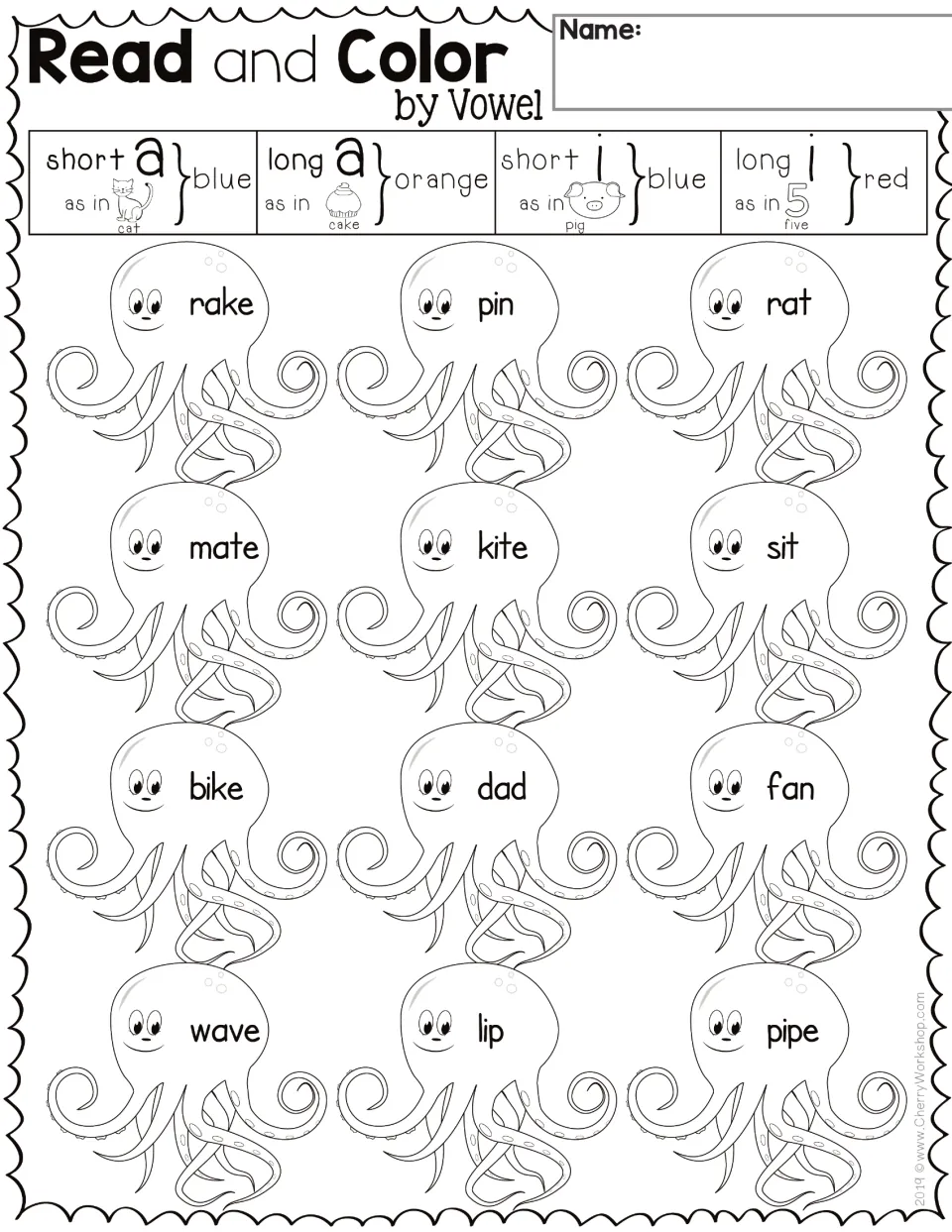 Vowel coloring sheet 1: 12 octopuses with words including rake, pin and rat; short and long a and i.