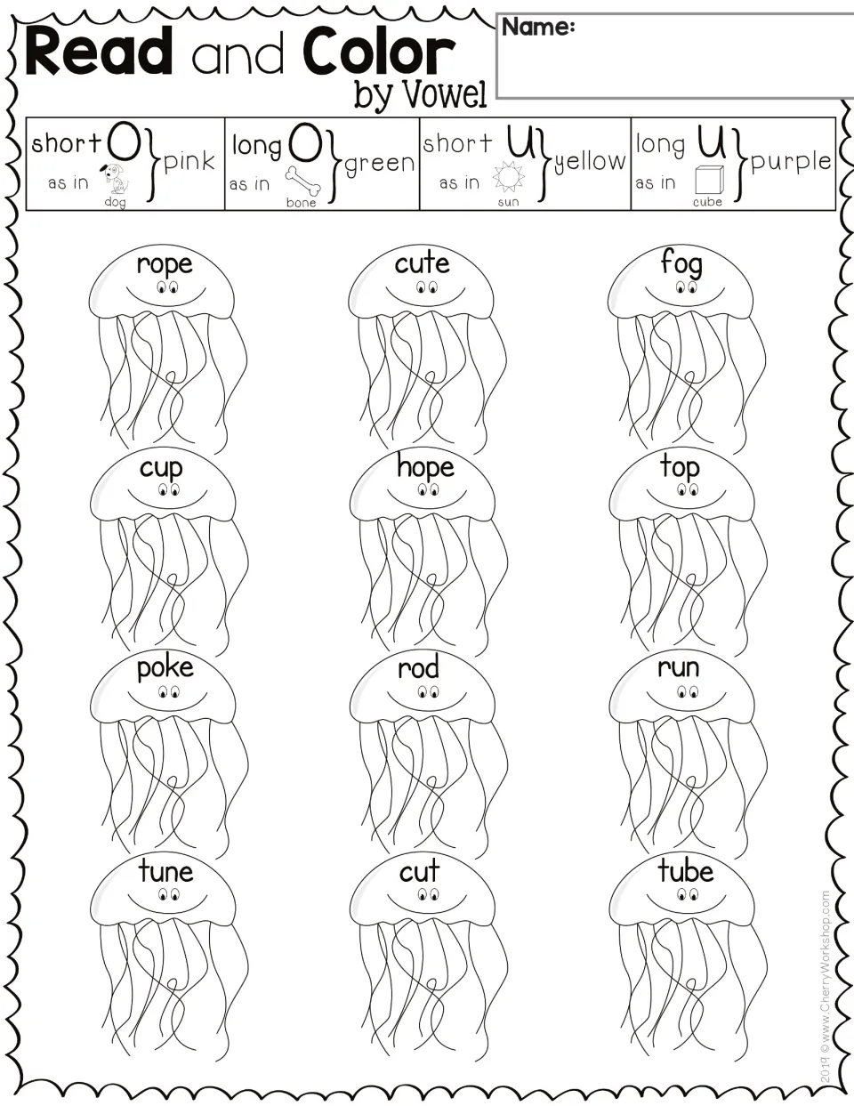 Vowel coloring sheet 2: 12 jellyfish with words including rope, cute and fog; short and long o and u.