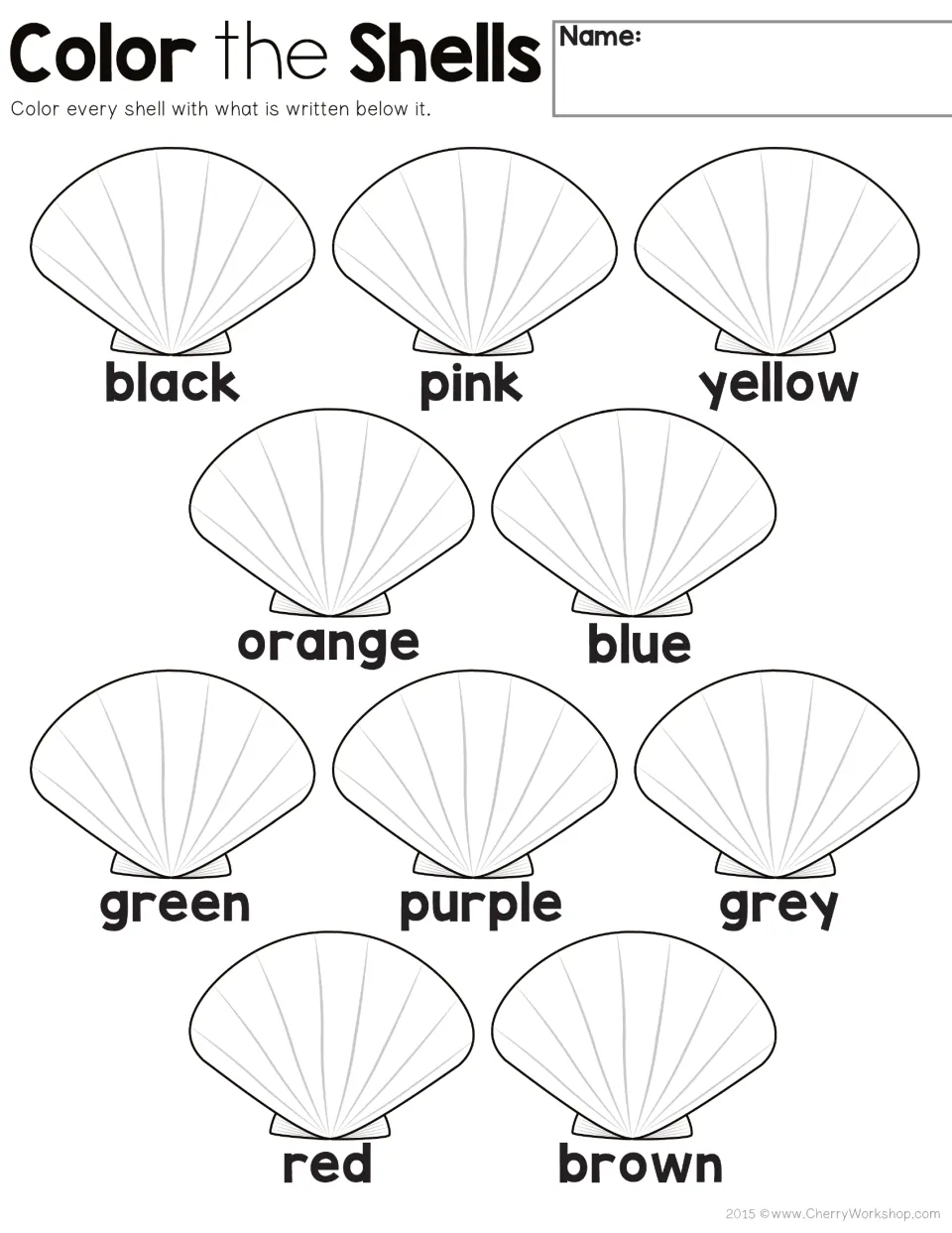 Color word practice: 10 shells labeled black, pink, yellow, orange, blue, green, purple, gray, red, and brown.