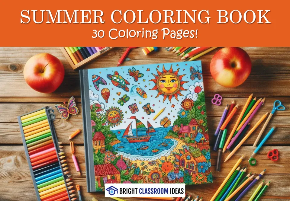 Summer Coloring Book cover announcing 30 coloring pages, with a colored beach scene and drawing supplies