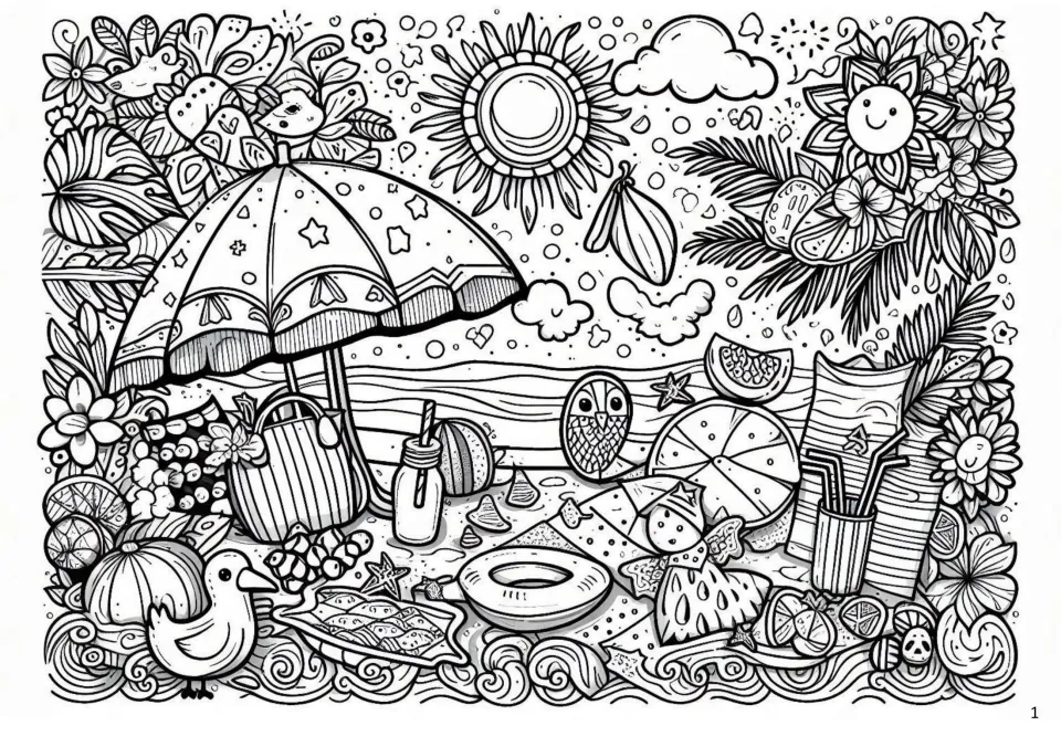 Summer coloring page 1: a beach umbrella, tote bag, drink, swim ring, fruit, flowers, and a bird