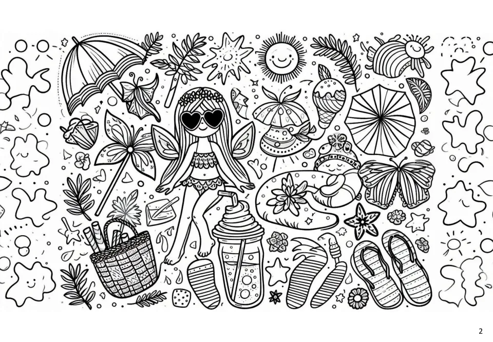 Summer coloring page 2: a girl wearing heart-shaped sunglasses, flip-flops, ice cream, and beach gear