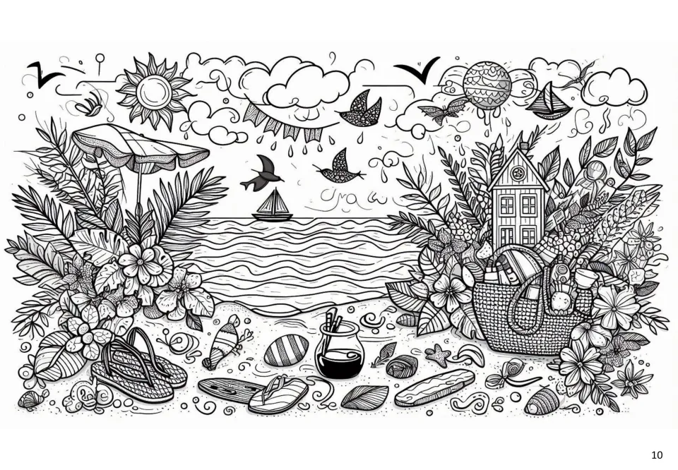 Summer coloring page 10: a seaside scene with sailboats, a beach umbrella, sandals, shells, and a house