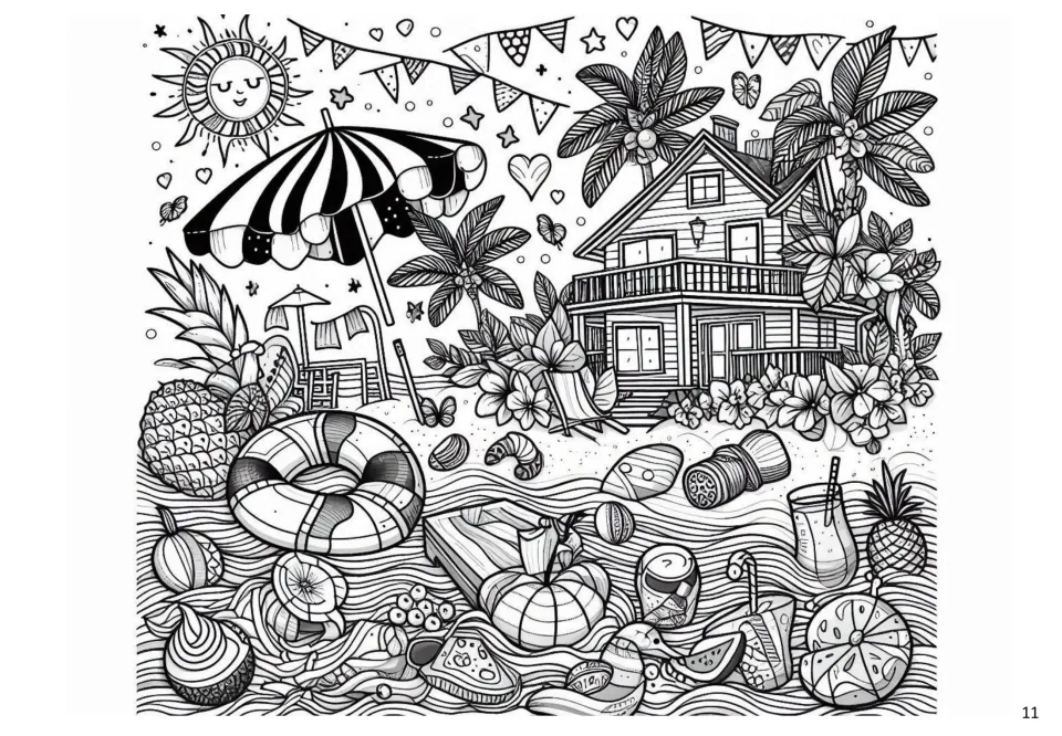 Summer coloring page 11: a beach house among palm trees, with an umbrella, swim ring, fruit, and drinks