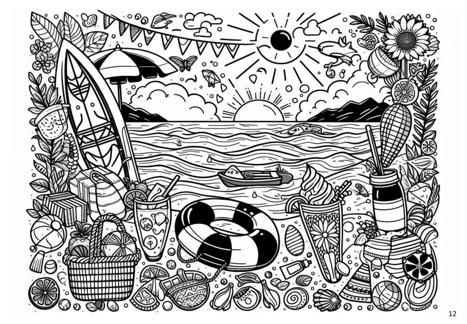 Summer coloring page 12: an ocean scene with a surfboard, small boat, swim ring, ice cream, and picnic basket