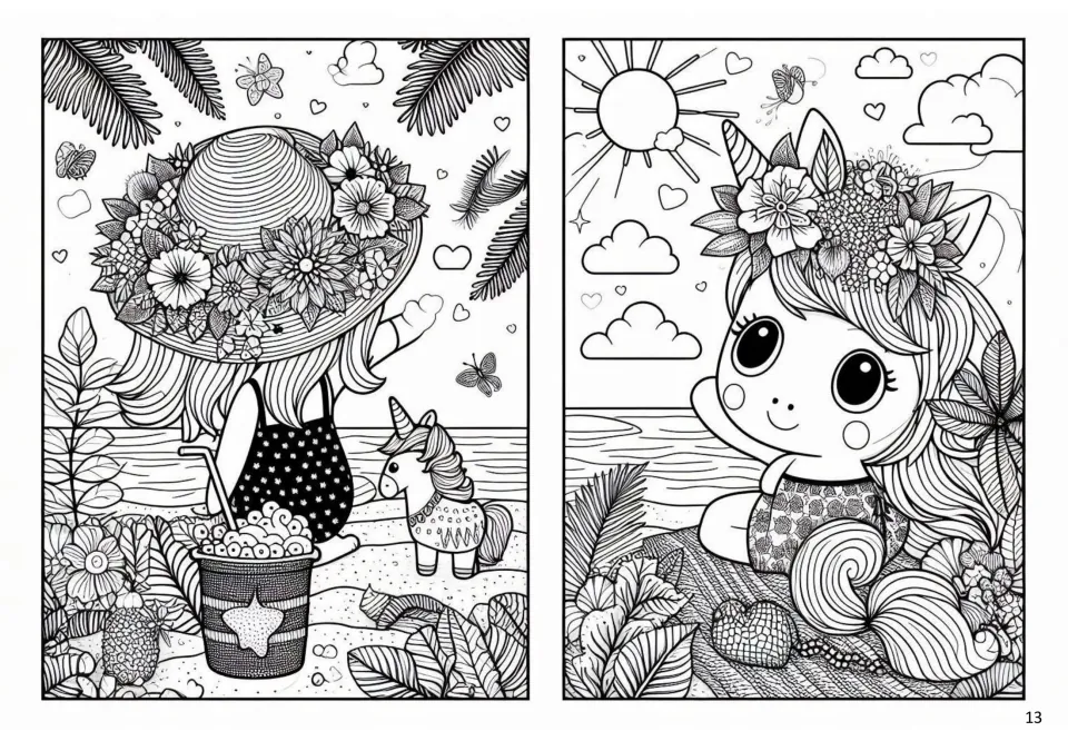 Summer coloring page 13: two beach scenes featuring a girl in a flowered sunhat and a unicorn character