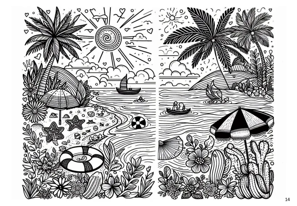 Summer coloring page 14: two tropical shore scenes with palm trees, boats, beach umbrellas, and flowers