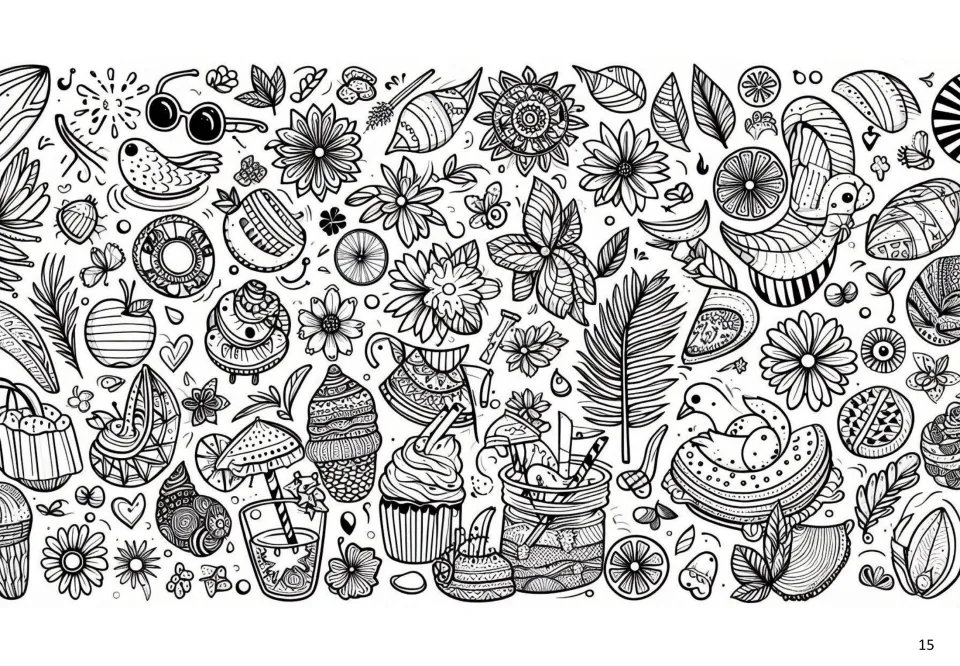 Summer coloring page 15: a collection of sunglasses, ice cream, cupcakes, fruit, flowers, and birds