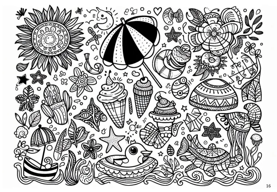 Summer coloring page 16: beach umbrellas, ice cream cones, a bird in a swim ring, a boat, and a turtle