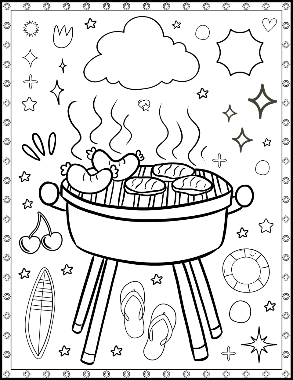 Summer barbecue colouring page: students colour a grill with sausages and burgers, plus flip-flops, cherries and a surfboard