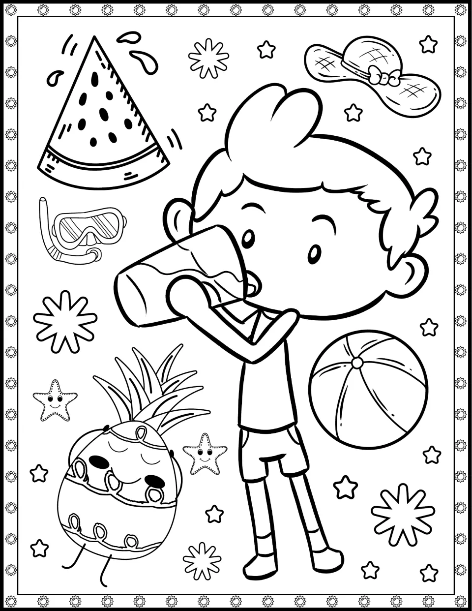Summer drink colouring page: students colour a boy drinking from a cup beside watermelon, a beach ball and a pineapple