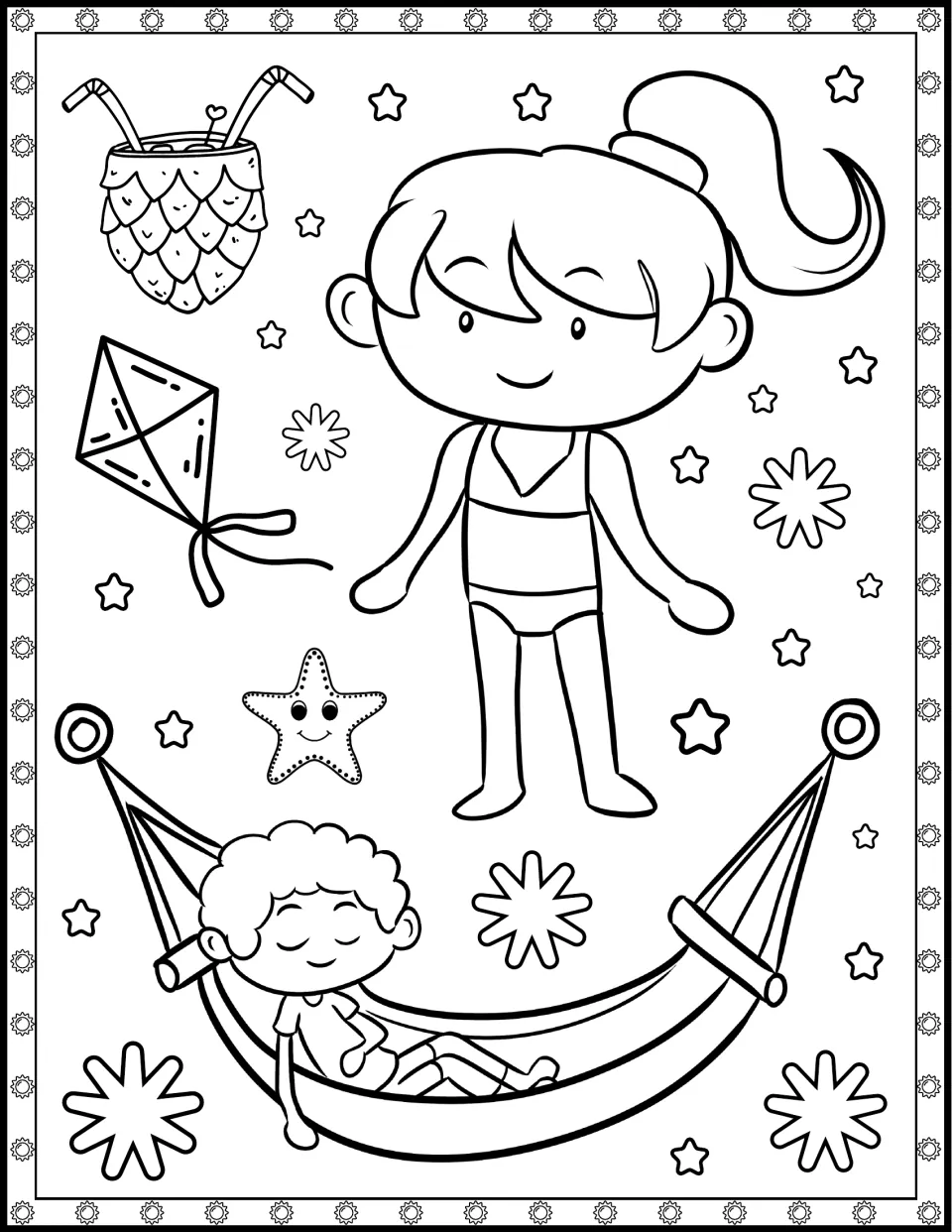 Hammock colouring page: students colour a girl in a swimsuit, a boy resting in a hammock, a kite and a starfish