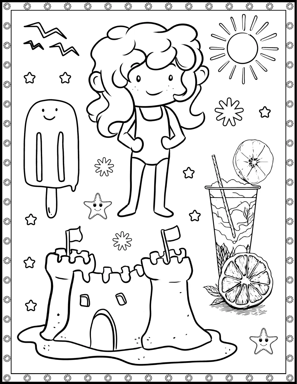 Sandcastle colouring page: students colour a girl in a swimsuit, a sandcastle with flags, a popsicle and a citrus drink