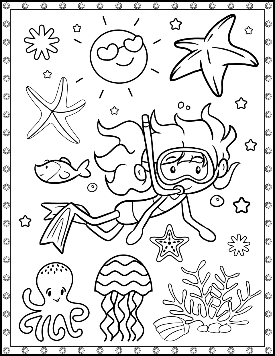 Snorkeling colouring page: students colour a diving child with fins among an octopus, jellyfish, starfish, fish and coral