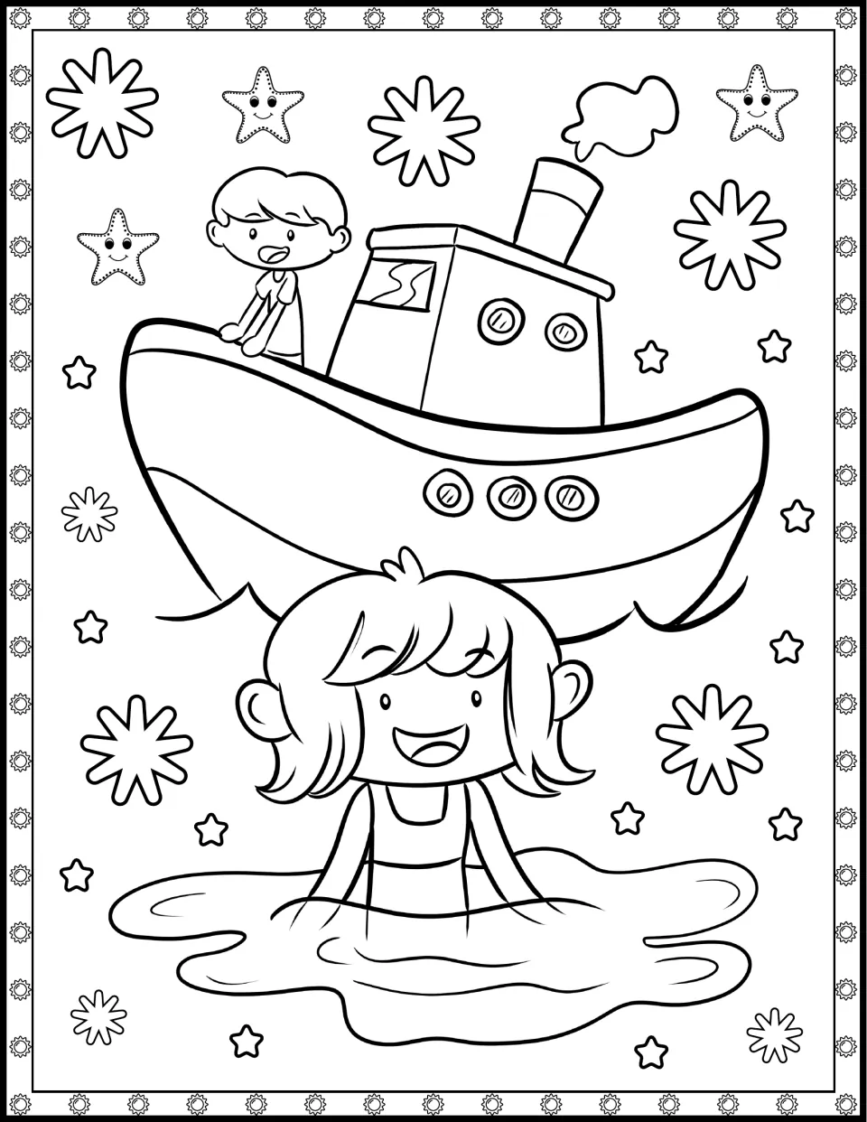 Boat colouring page: students colour a boy aboard a small steamboat and a smiling girl wading in the water below