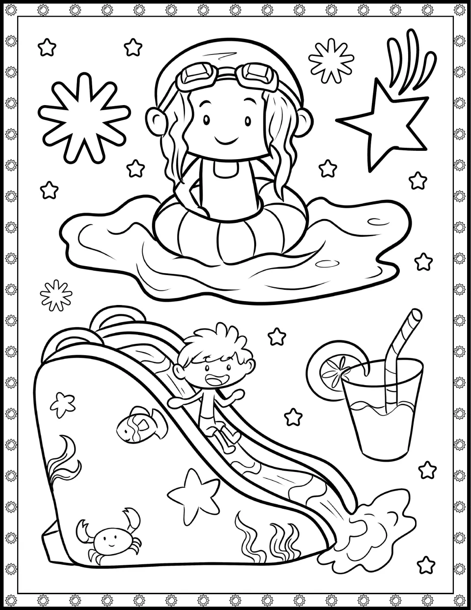 Water fun colouring page: students colour a girl floating in a swim ring and a boy riding a water slide, plus a drink