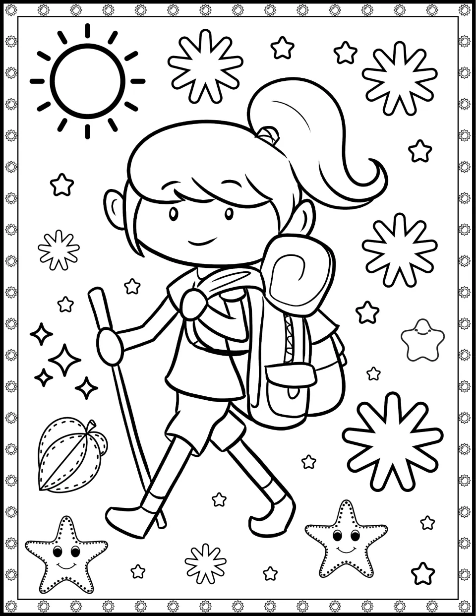 Hiking colouring page: students colour a girl walking with a backpack and walking stick under a sun, with starfish