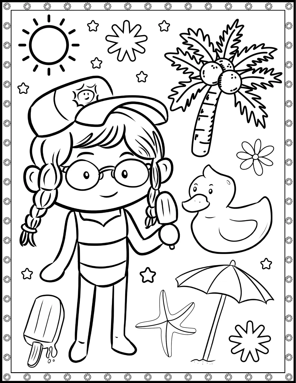Beach day colouring page: students colour a girl in a cap and glasses holding a popsicle, a palm tree, duck and umbrella