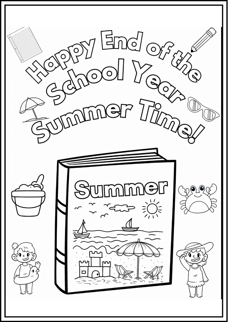 Happy End of the School Year Summer Time coloring page: students color a Summer book with a beach scene, crab and kids