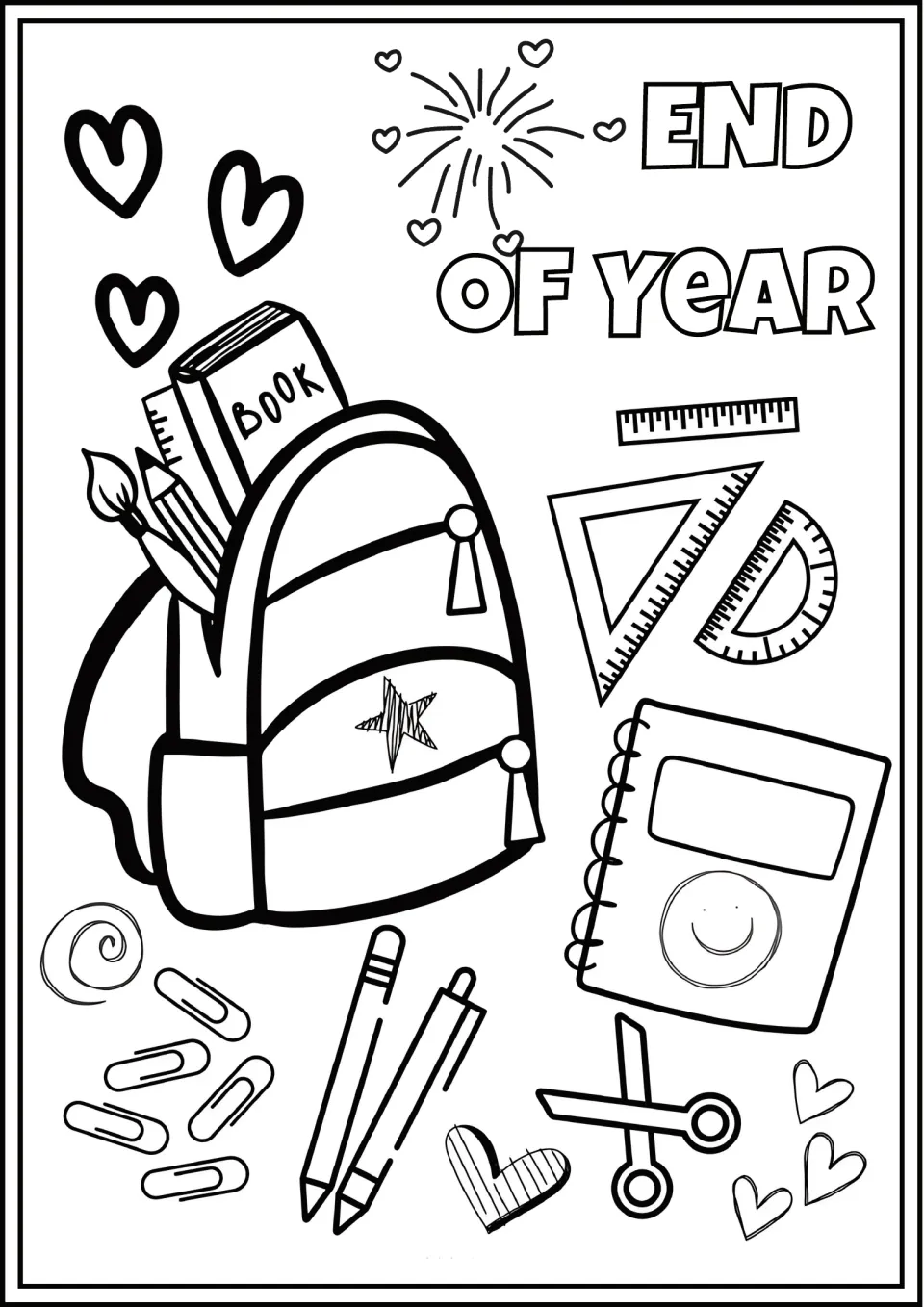 End of Year coloring page: students color a backpack of books and paintbrushes plus ruler, protractor, scissors, clips