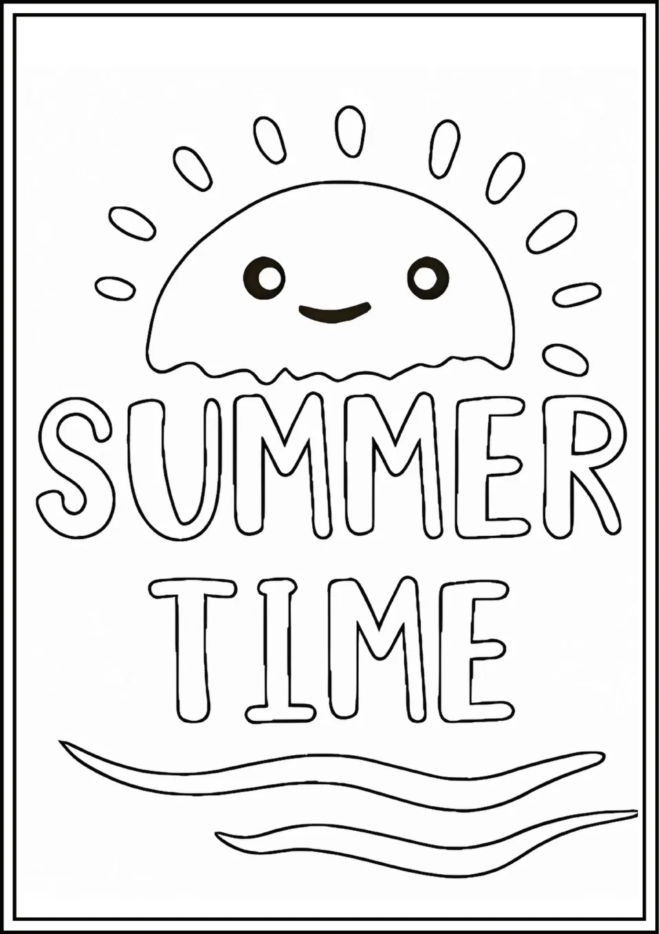 Summer Time coloring page: students color a smiling half sun rising over waves above large outlined bubble letters