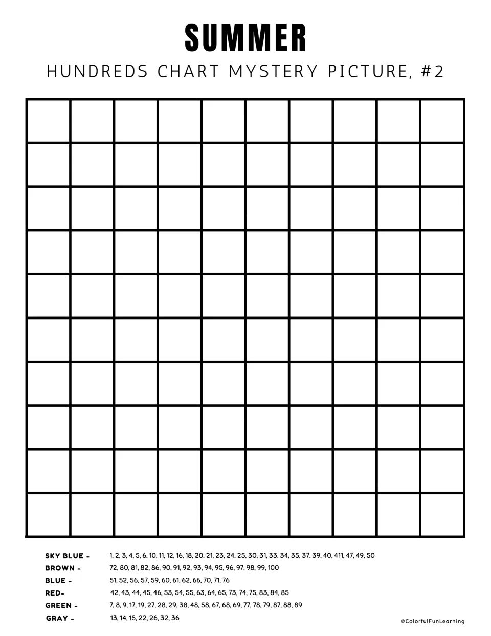 Mystery picture 2 blank hundreds chart for writing numbers 1–100, with color clues including red and gray.