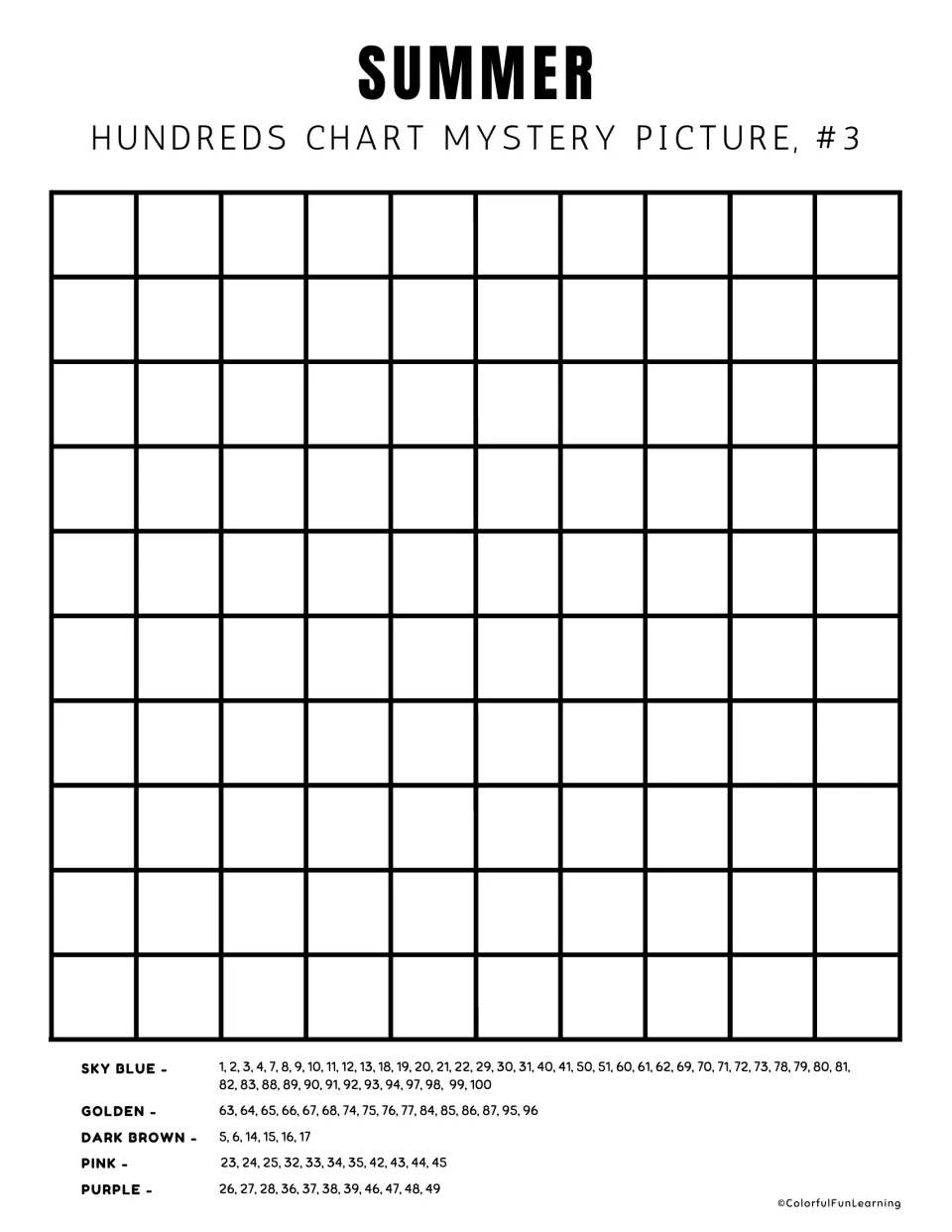 Mystery picture 3 blank hundreds chart for writing numbers 1–100, with color clues including pink and purple.