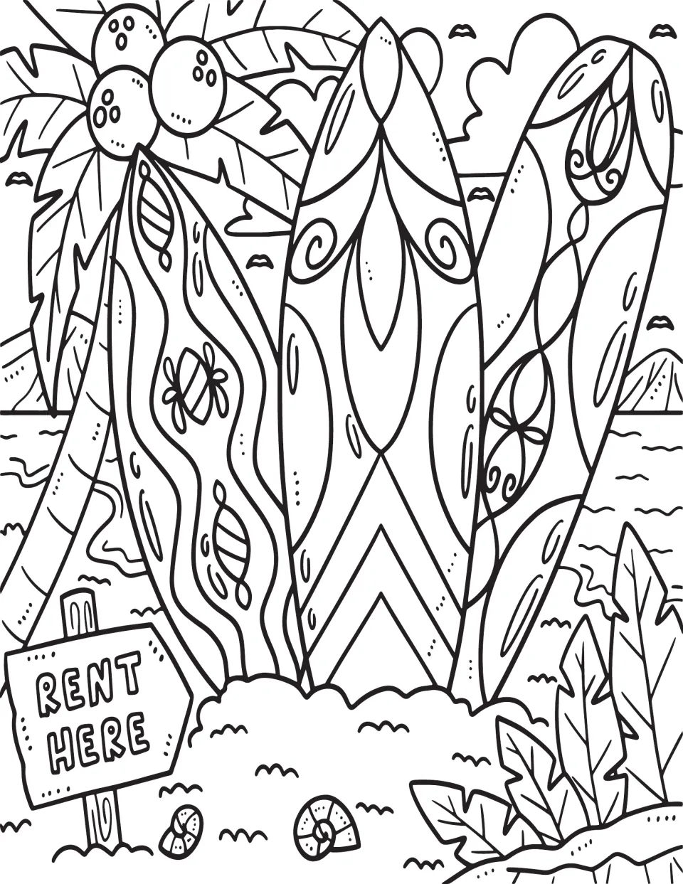 Surfboard colouring page: students colour three patterned surfboards in the sand beside a RENT HERE sign and palms