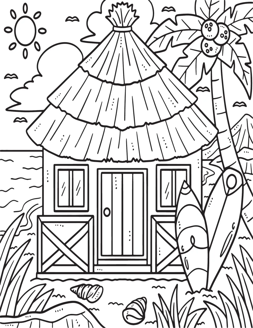 Beach hut colouring page: students colour a thatched-roof hut with surfboards, seashells, a palm tree and the sun