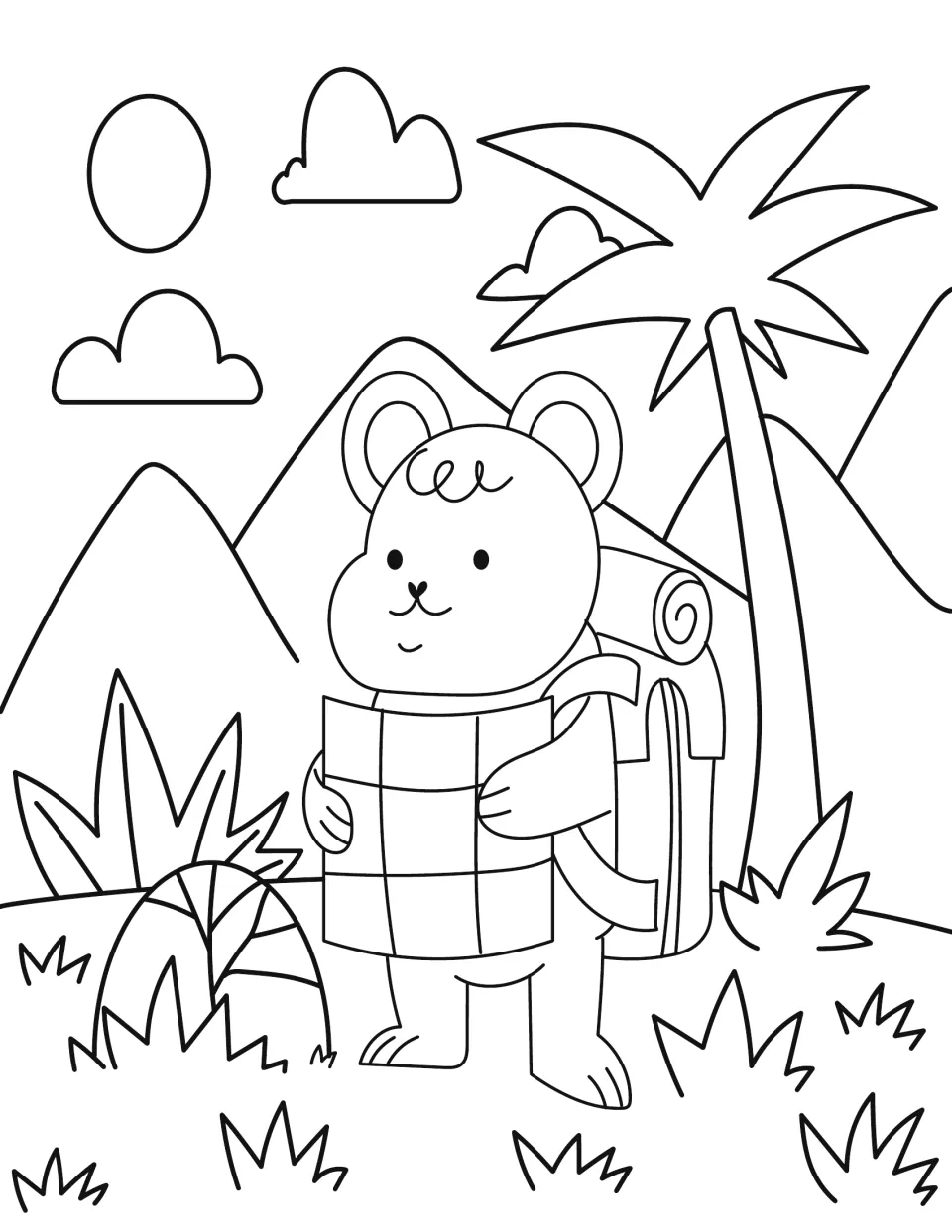 Summer hiking colouring page: students colour a bear cub holding a map and wearing a backpack near mountains and palms