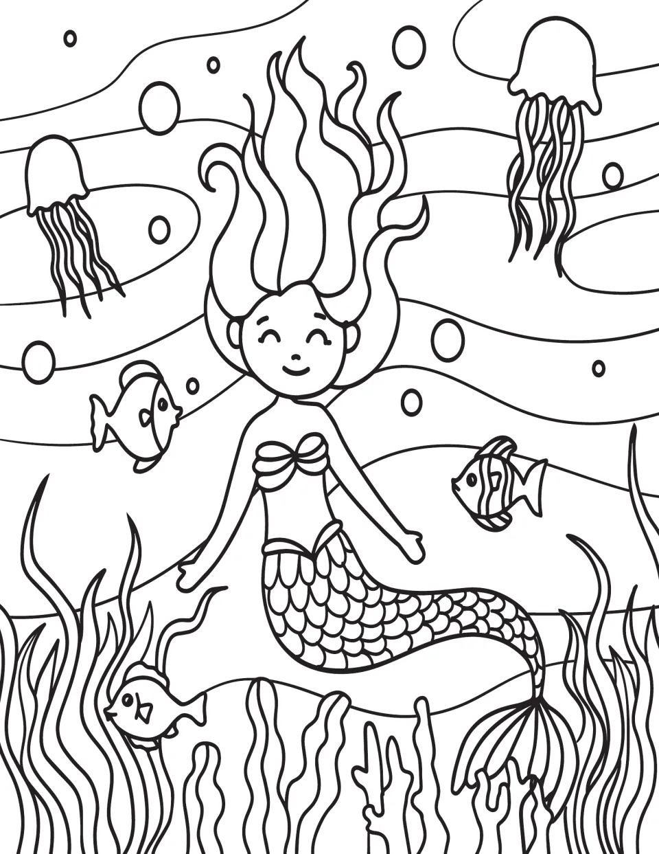 Under-the-sea colouring page: students colour a smiling mermaid with jellyfish, three fish, bubbles and seaweed