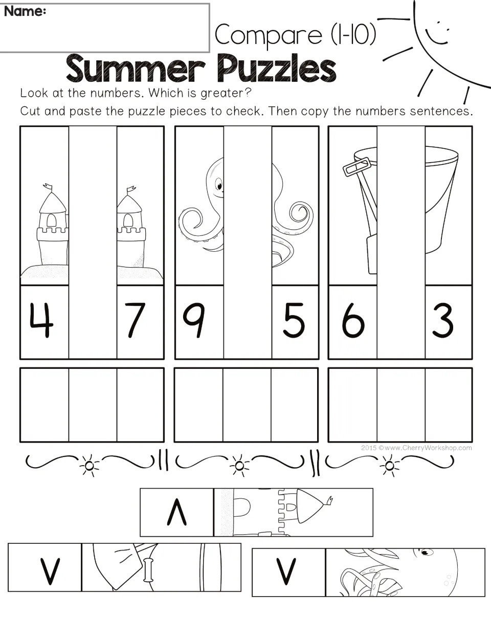 Comparison puzzle sheet 1: compare 4 and 7, 9 and 5, and 6 and 3; cut and paste, then copy number sentences.
