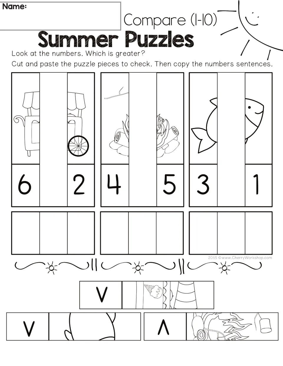 Comparison puzzle sheet 2: compare 6 and 2, 4 and 5, and 3 and 1; cut and paste, then copy number sentences.