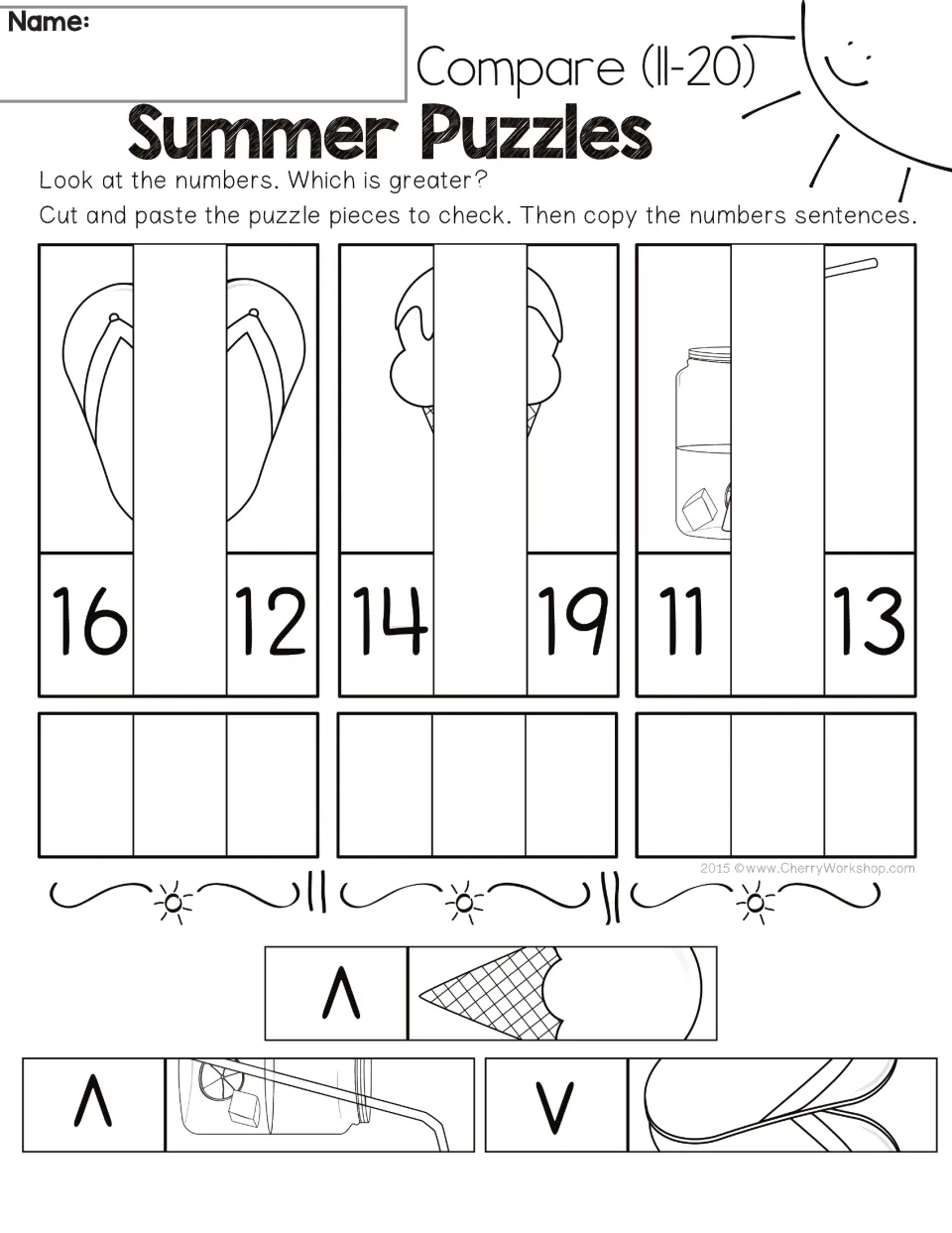 Comparison puzzle sheet 3: compare 16 and 12, 14 and 19, and 11 and 13; paste pieces and copy number sentences.
