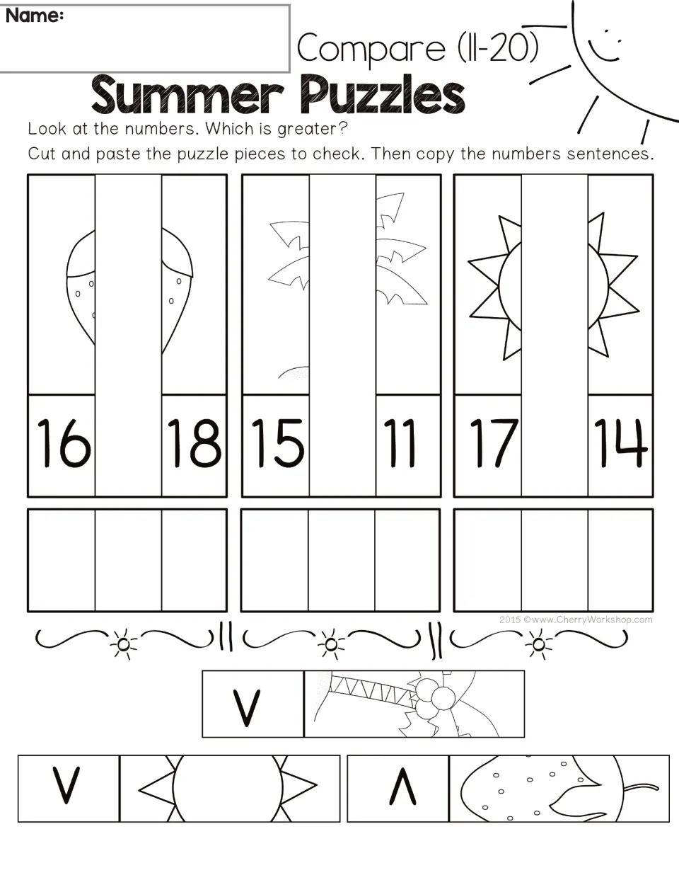 Comparison puzzle sheet 4: compare 16 and 18, 15 and 11, and 17 and 14; paste pieces and copy number sentences.