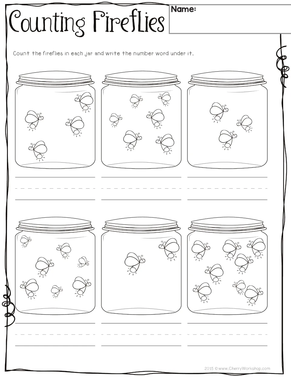 Counting Fireflies: students count the fireflies in each of six jars and write the matching number word under each jar