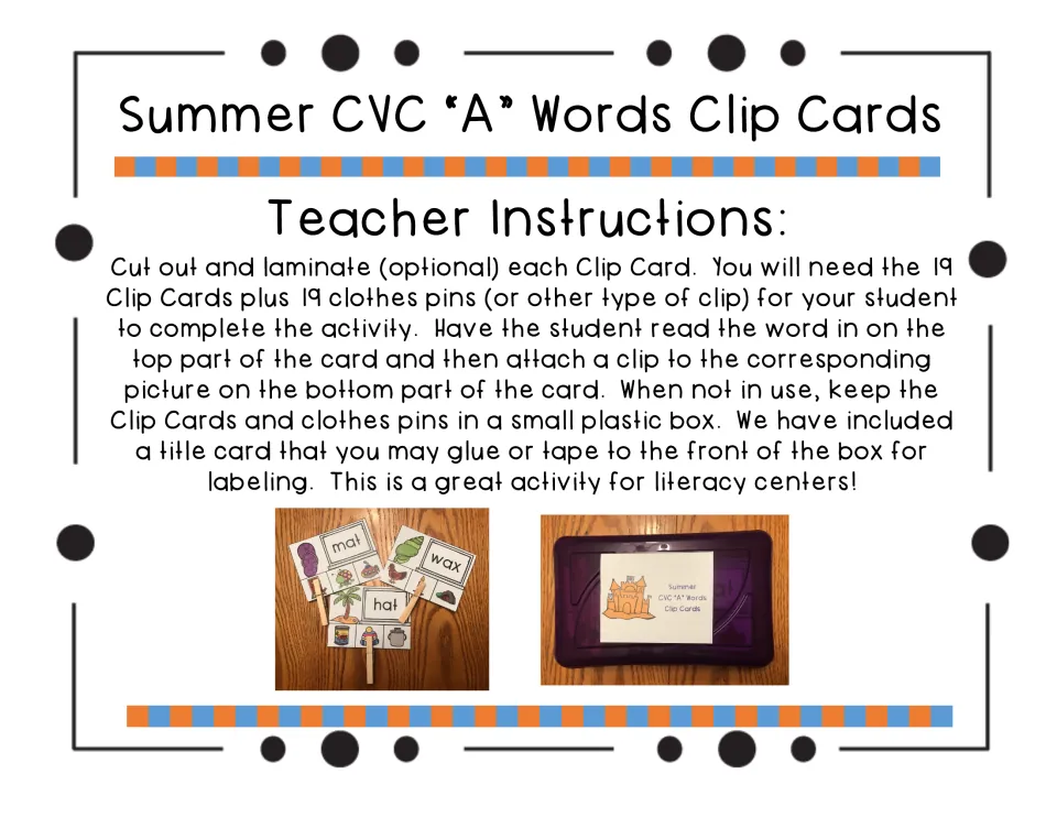 Teacher instructions for preparing 19 clip cards, matching words to pictures with clips, and storing the set